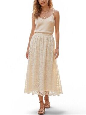 Joro Fashions Vintage Creme Lace Midi Skirt Cream Floral Wedding Cottagecore L